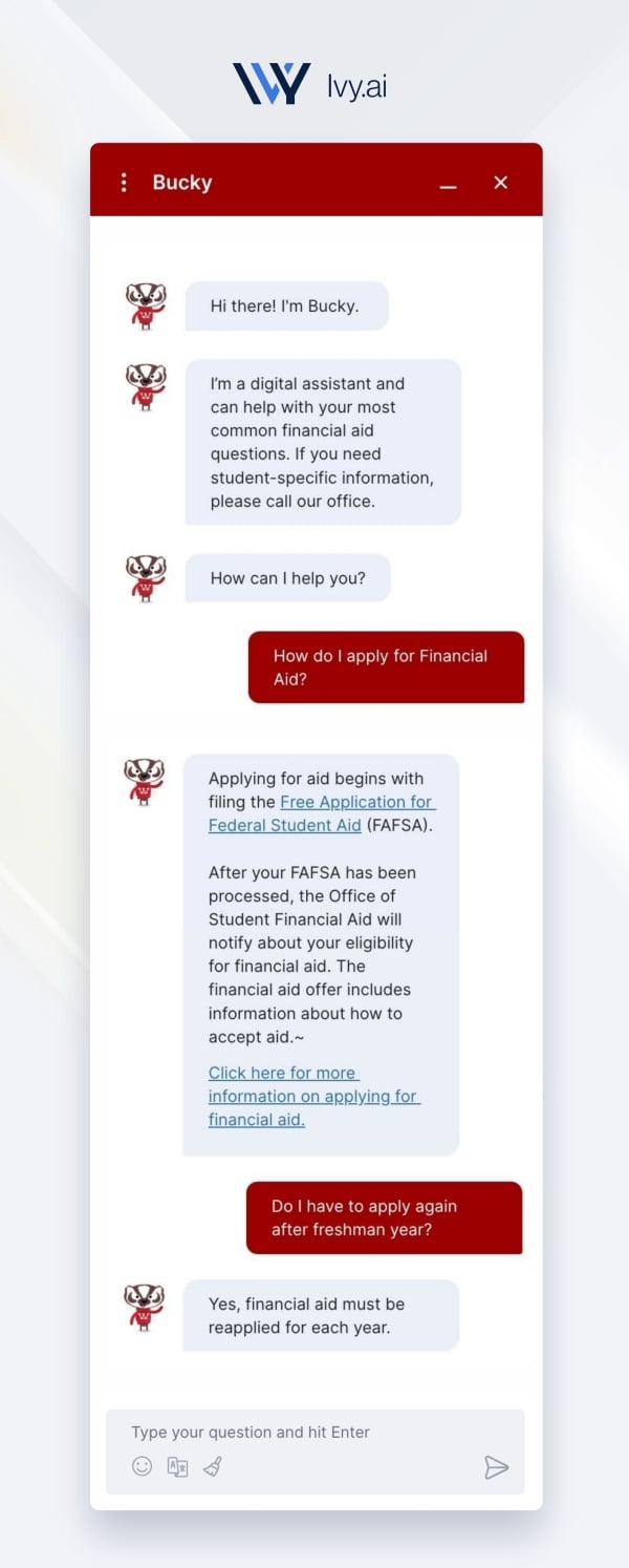 A screenshot of AI bot "Bucky" helping answer a financial aid question